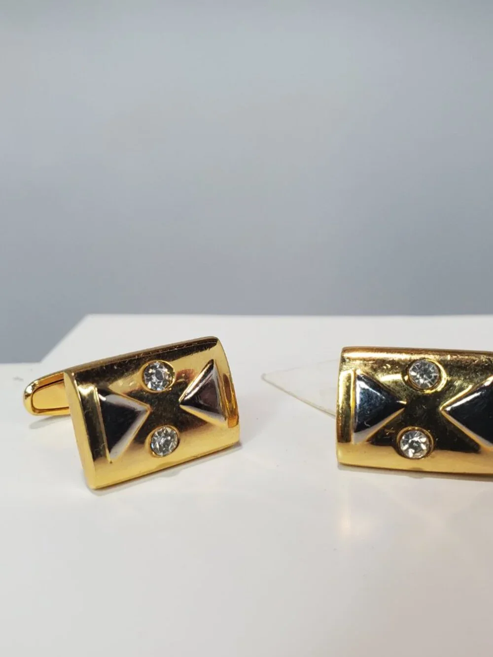 Vintage 14K Gold-Plated Brass & Rhinestone Tie Clip & Cufflinks 3-Piece Set